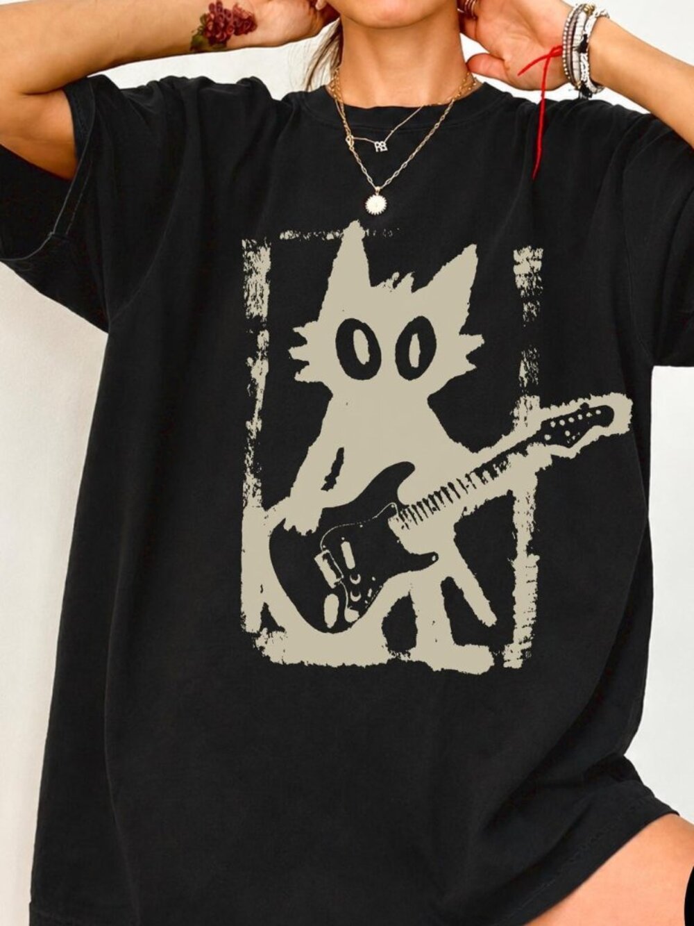 Rock Star Cat Tee, Vintage Guitar Kitty Graphic Shirt
